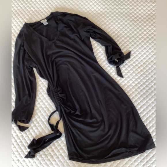 Cache Asymmetrical Ruched Side Open Sleeve Jersey Black Dress L - Picture 10 of 13